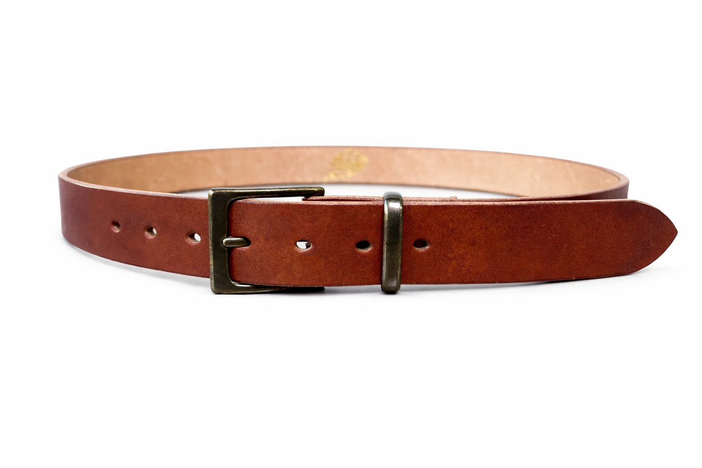 Brown leather belt with a brass buckle on a white background