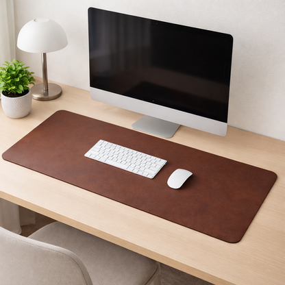 Brown desk mat on a wooden desk with a computer setup