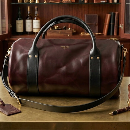 Brown leather duffel bag on a wooden surface with a bookshelf in the background
